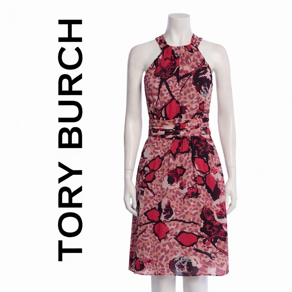Tory Burch Silk Halter Dress Sz 8 Pink Leopard Floral Fit Flare Luxe
